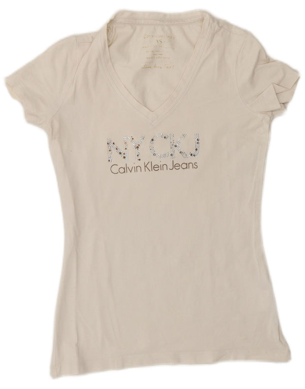 Γυναικείο γραφικό μπλουζάκι Calvin Klein Jeans Top UK 6 XS Λευκό βαμβακερό