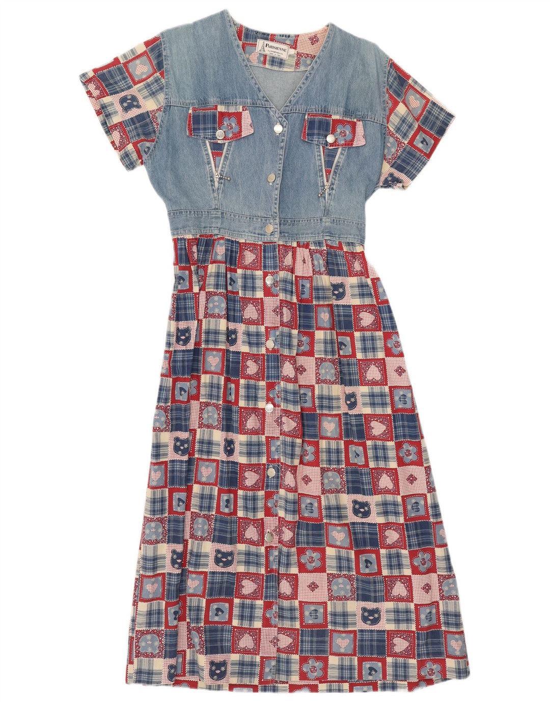 Vintage γυναικείο φόρεμα A-Line UK 14 Large Blue Patchwork