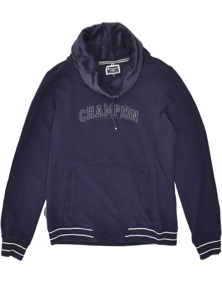 CHAMPION Womens Roll Neck Sweatshirt Jumper UK 16 Large Navy Blue Cotton | Vintage Champion | Thrift | Second-Hand Champion | Used Clothing | Messina Hembry 