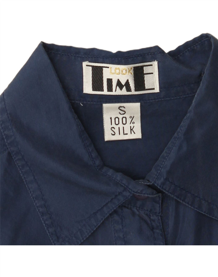 VINTAGE Γυναικείο πουκάμισο Oversized UK 10 Small Navy Blue Silk