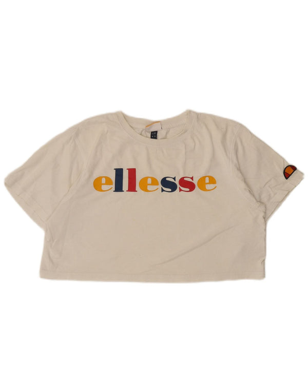 Ellesse Γυναικείο Crop Graphic T-Shirt Top UK 12 Μέτριο λευκό βαμβακερό
