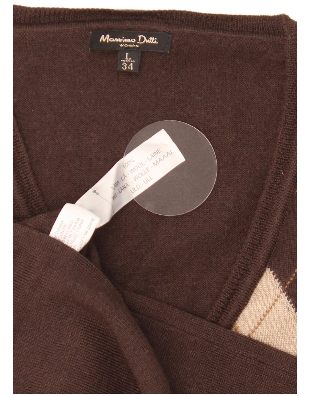 Massimo Dutti Γυναικείο πουλόβερ με λαιμόκοψη με V λαιμόκοψη UK 14 Large Brown Argyle/Diamond