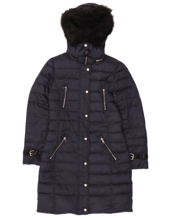 Zara Γυναικείο παλτό με κουκούλα UK 10 Small Navy Blue Polyester