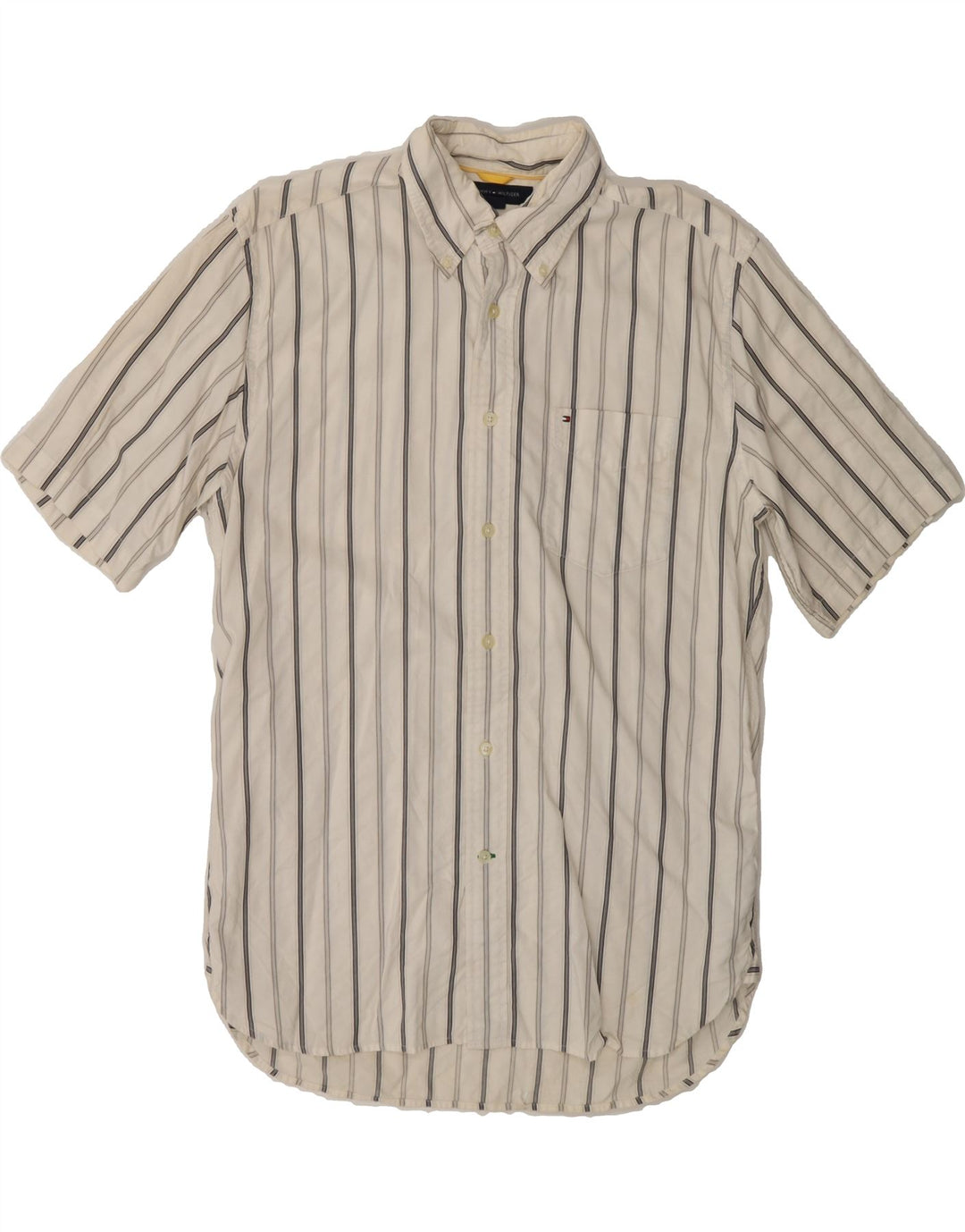 TOMMY HILFIGER Mens Short Sleeve Shirt Medium White Striped Cotton Vintage Tommy Hilfiger and Second-Hand Tommy Hilfiger from Messina Hembry 