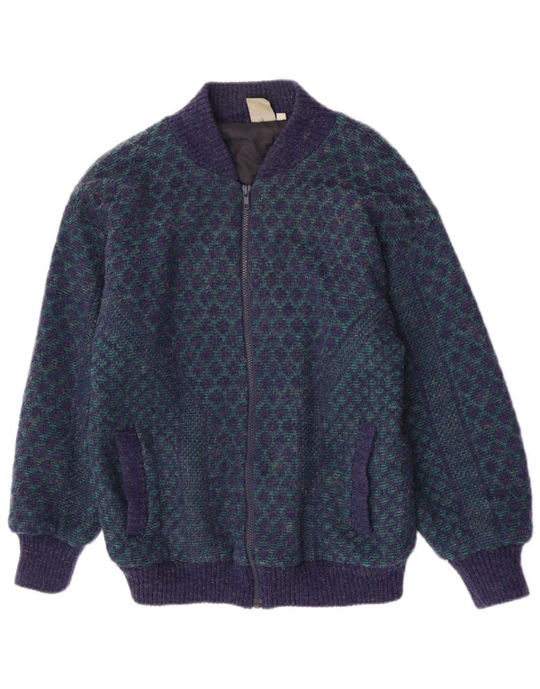 Vintage Ανδρικό πλεκτό Bomber Jacket UK 38 Medium Blue Geometric Acrylic Retro