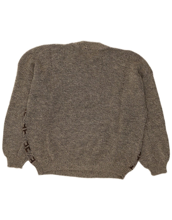 Vintage Mens Crew Neck Jumper Sweater Large Grey Geometric