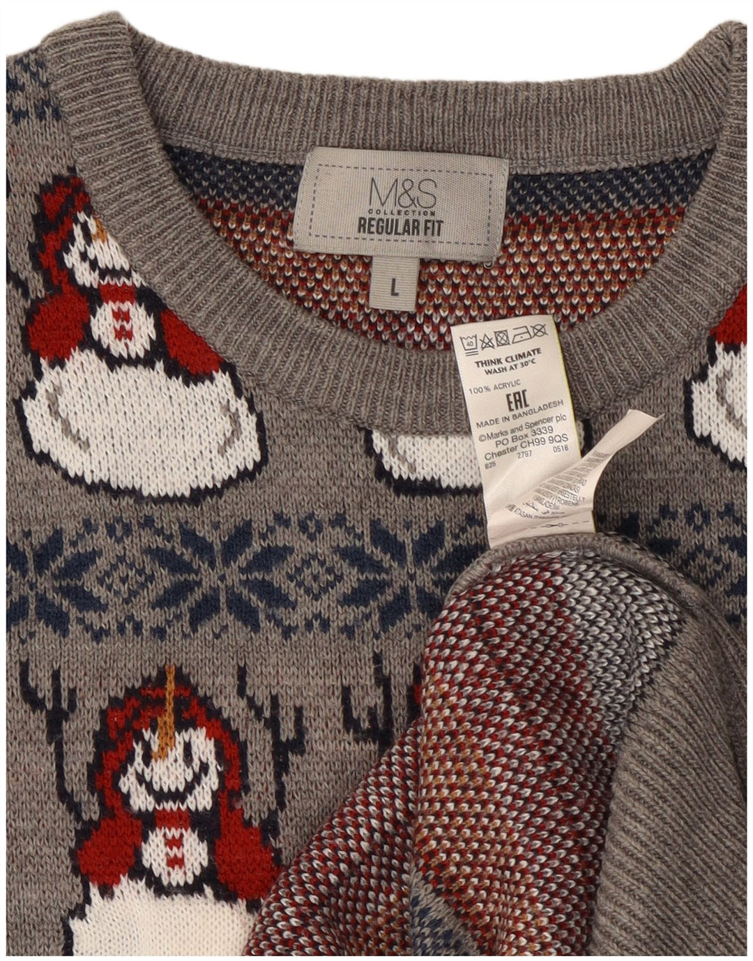 Marks & Spencer Ανδρικό πουλόβερ με λαιμόκοψη, μεγάλο γκρι χριστουγεννιάτικο