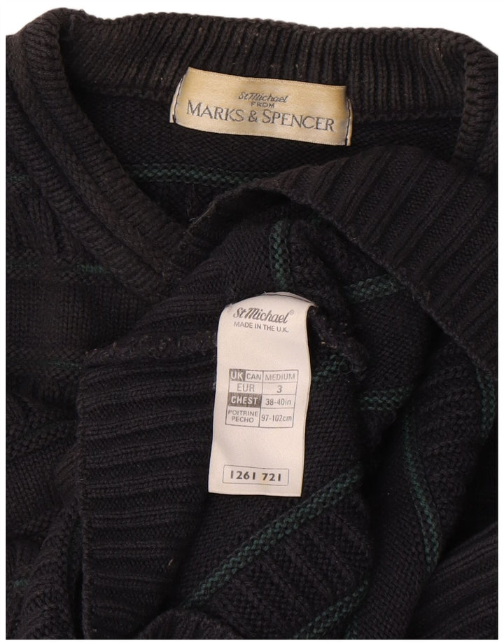 Marks & Spencer Ανδρικό πουλόβερ με λαιμόκοψη, μεσαίο μαύρο ριγέ ακρυλικό