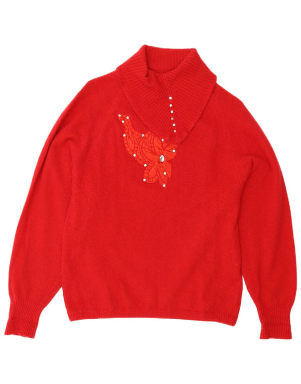 Vintage γυναικείο πουλόβερ με λαιμό σάλι UK 12 μεσαίο κόκκινο μαλλί