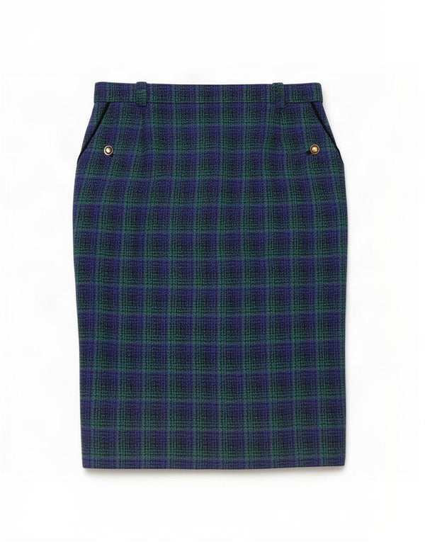 Hucke Γυναικεία Pencil Φούστα UK 18 XL W34 Blue Check Virgin Wool