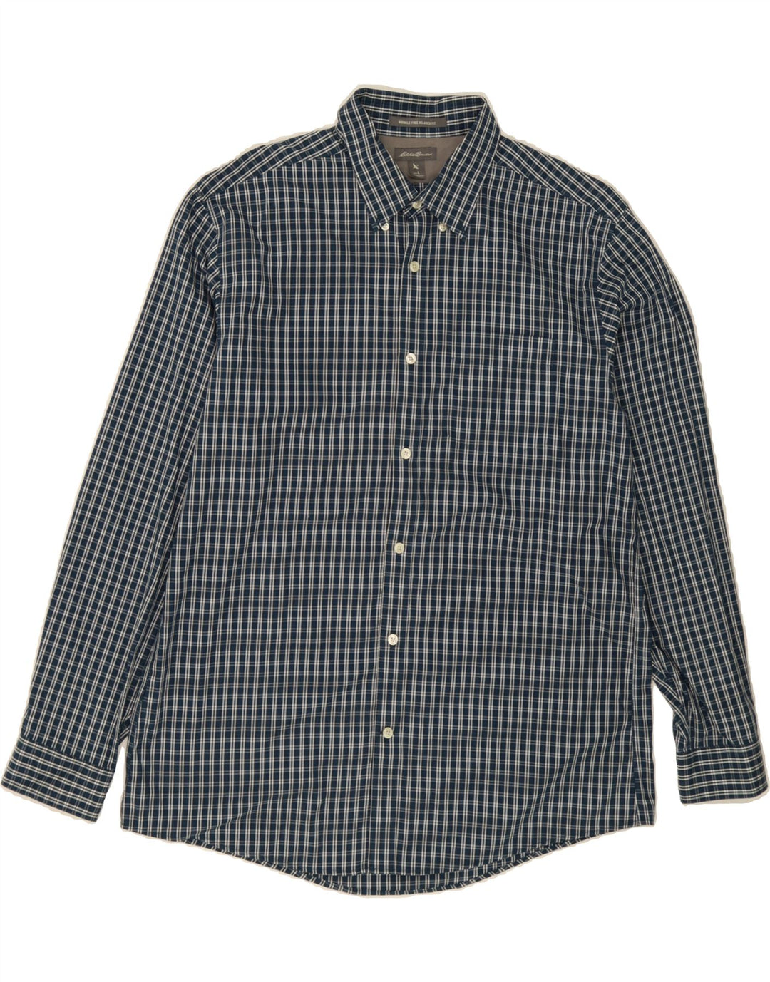 EDDIE BAUER Mens Relaxed Fit Shirt Large Navy Blue Check Cotton Vintage Eddie Bauer and Second-Hand Eddie Bauer from Messina Hembry 