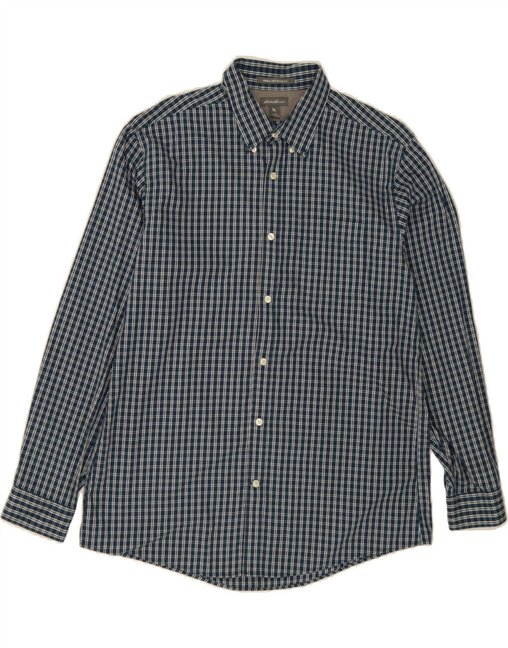 EDDIE BAUER Mens Relaxed Fit Shirt Large Navy Blue Check Cotton Vintage Eddie Bauer and Second-Hand Eddie Bauer from Messina Hembry 