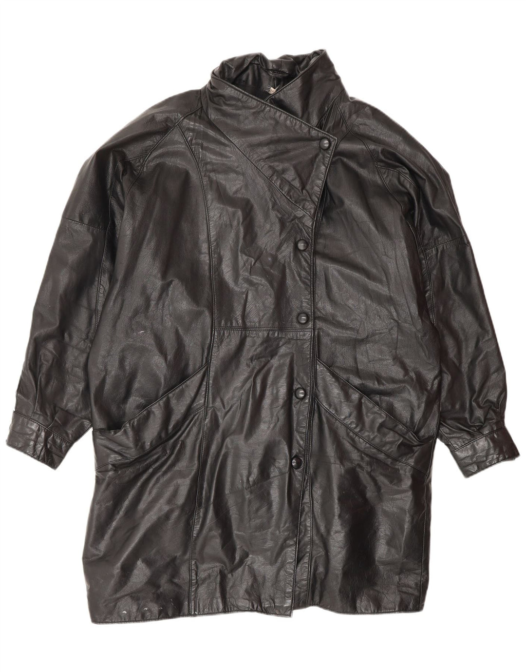 VINTAGE Γυναικείο Δερμάτινο Παλτό UK 14 Μεσαίο Μαύρο Δέρμα