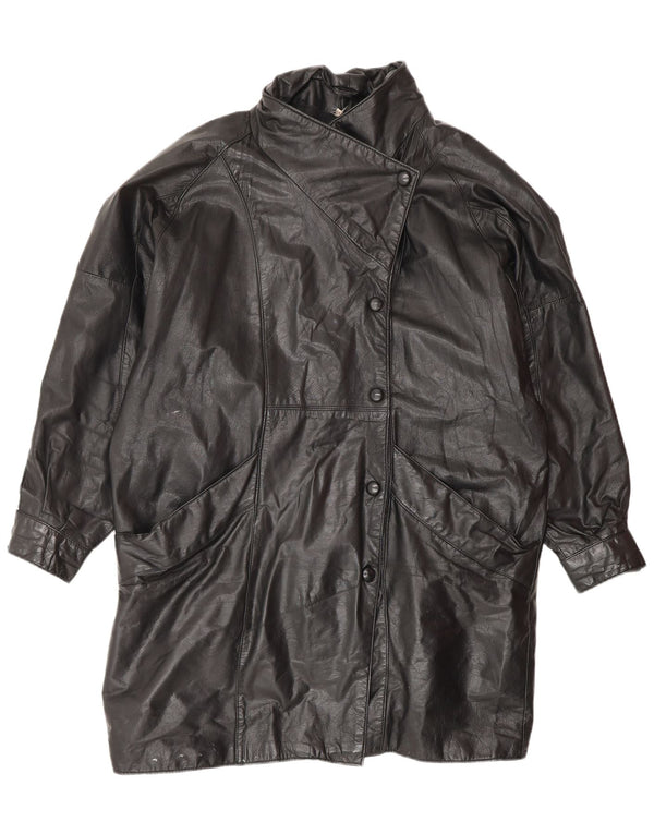 VINTAGE Γυναικείο Δερμάτινο Παλτό UK 14 Μεσαίο Μαύρο Δέρμα