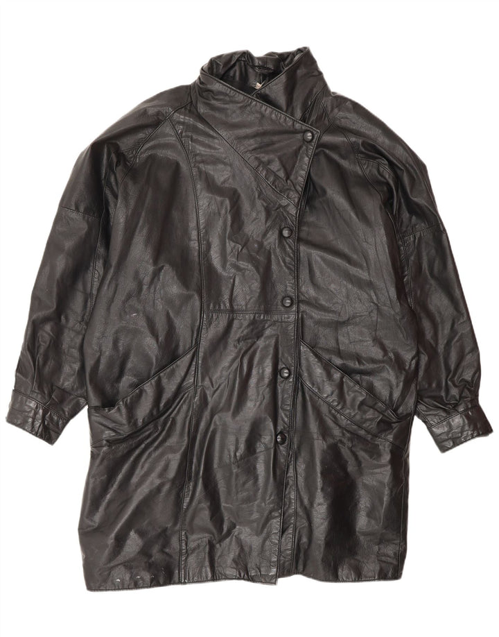 VINTAGE Γυναικείο Δερμάτινο Παλτό UK 14 Μεσαίο Μαύρο Δέρμα