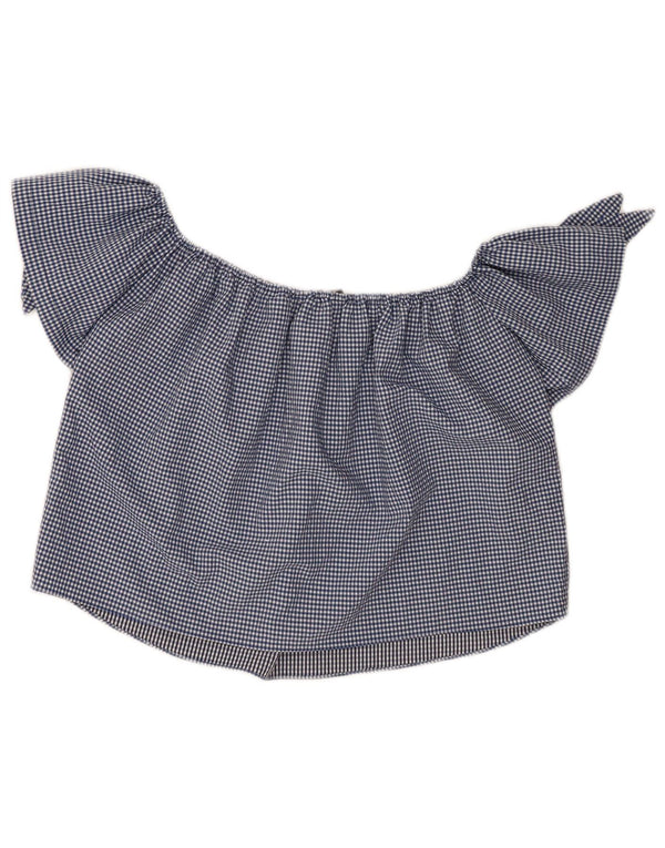 Zara Womens Crop Off Shoulder Top 10 Small Navy Blue Gingham