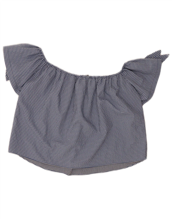 Zara Womens Crop Off Shoulder Top 10 Small Navy Blue Gingham