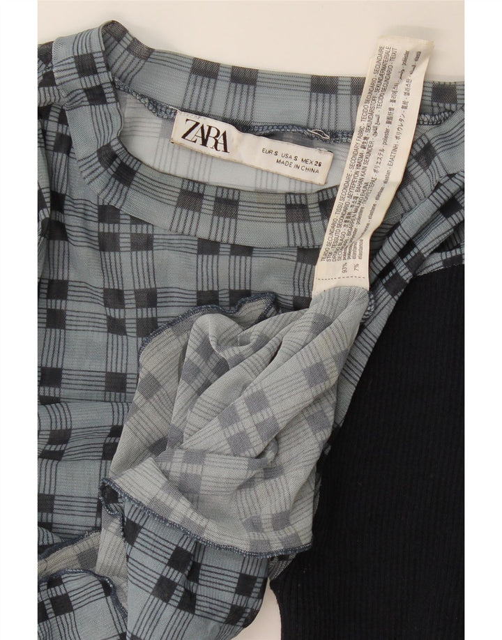 Γυναικεία Zara Crop μακρυμάνικη μπλούζα τοπ UK 8 Small Navy Blue Check
