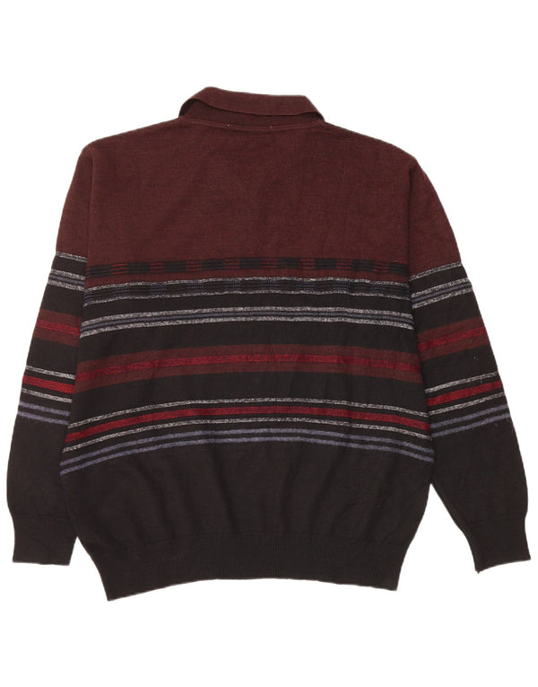 BREIDHOF Mens Polo Neck Jumper Sweater Large Burgundy Striped Wool