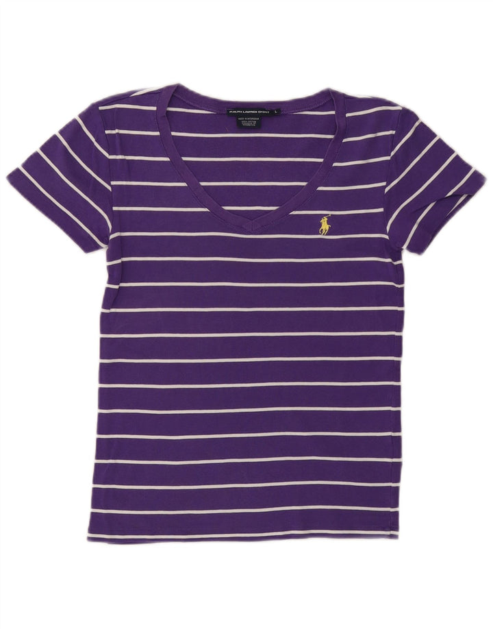 RALPH LAUREN Γυναικείο T-Shirt τοπ UK 14 μεγάλο μωβ ριγέ βαμβακερό