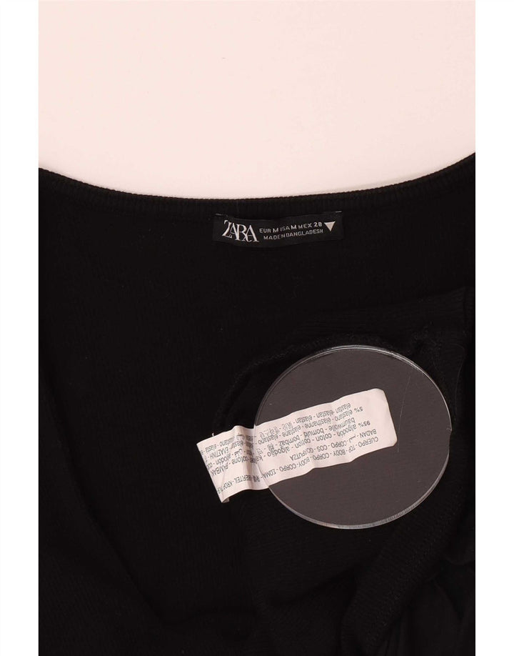 Zara Γυναικείο 3/4 μανίκι Crop Top UK 12 μεσαίο μαύρο βαμβακερό