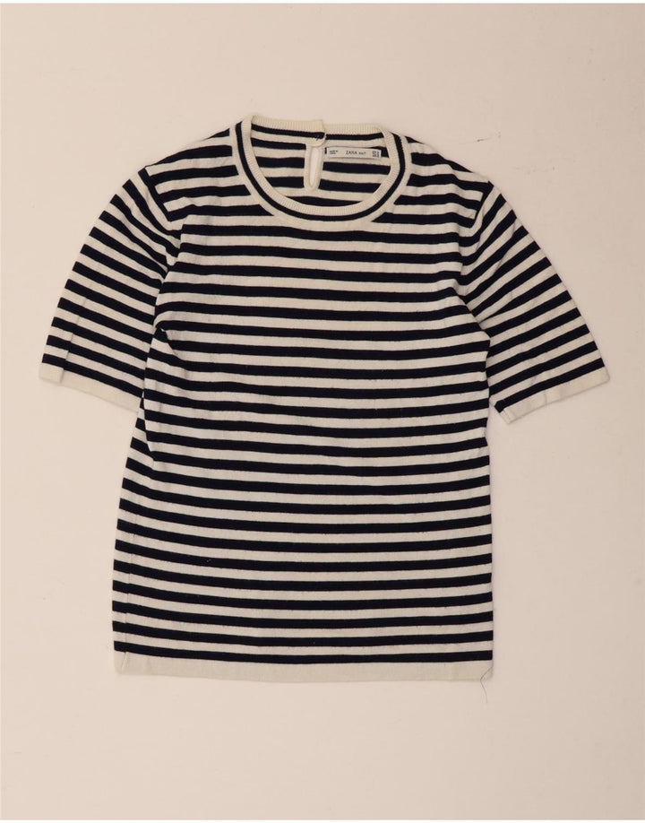 Zara Γυναικείο T-Shirt Top UK 12 μεσαία λευκή ριγέ βισκόζη