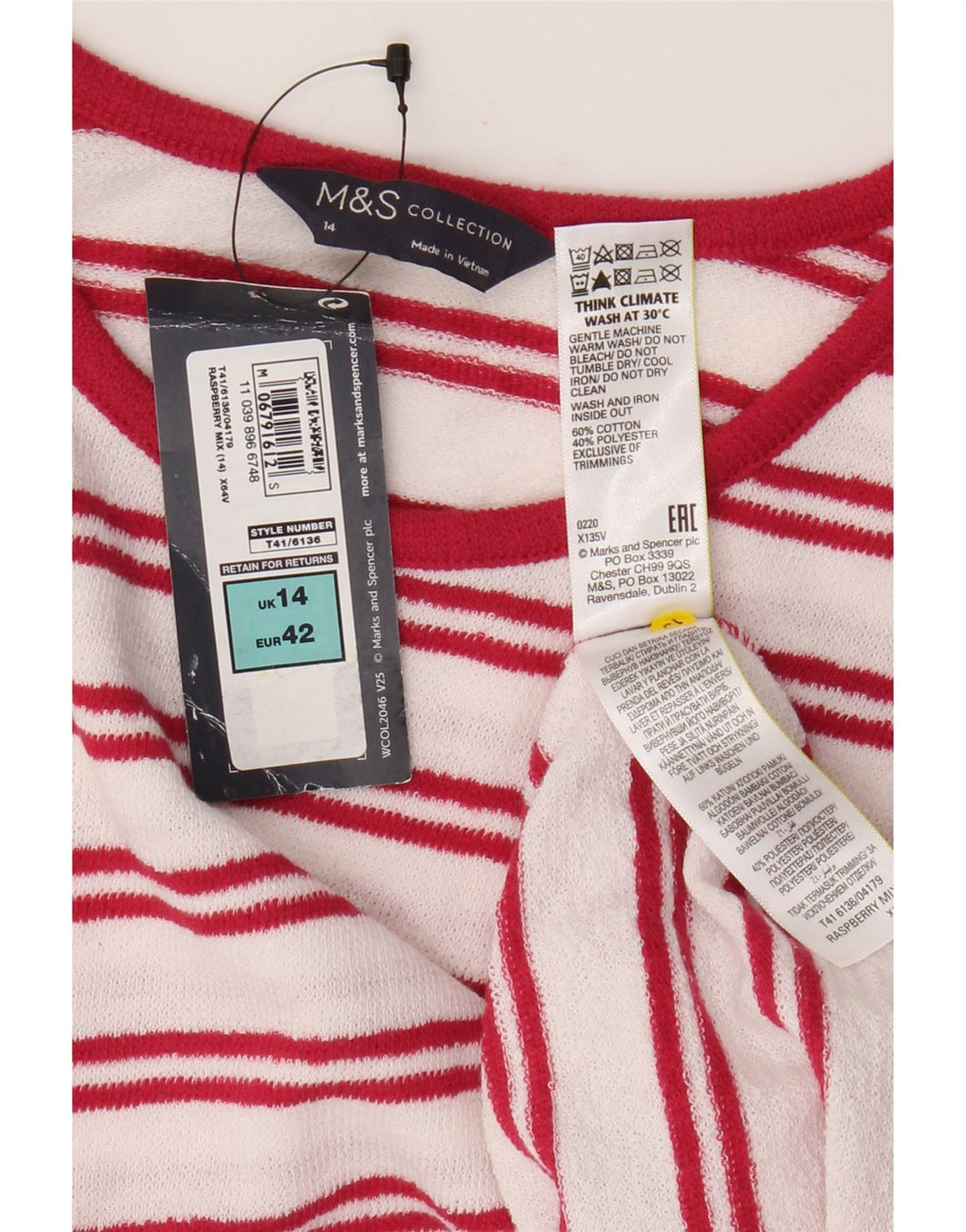 Marks & Spencer Γυναικείο γιλέκο τοπ UK 14 Μεγάλο λευκό ριγέ βαμβακερό