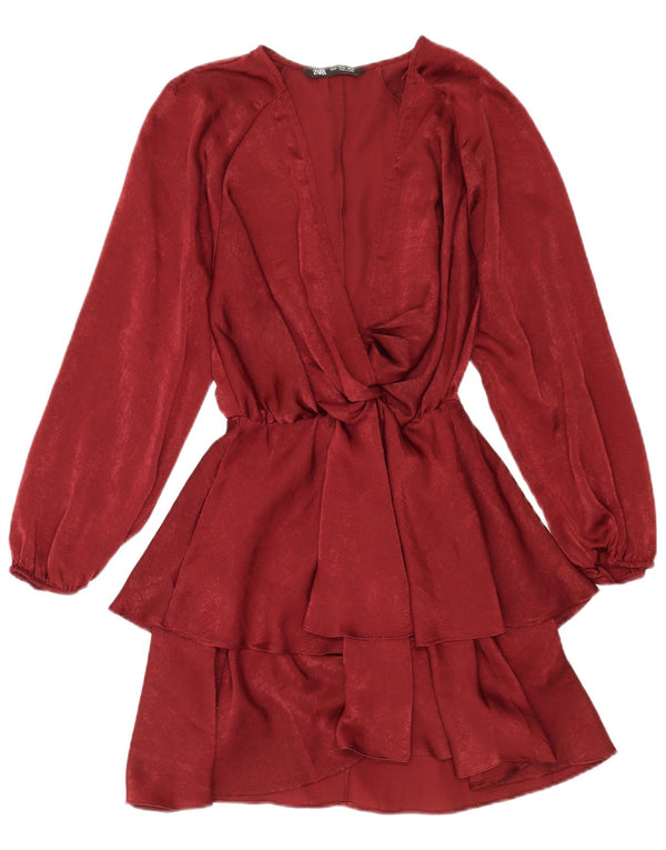 Zara Γυναικείο μακρυμάνικο Peplum φόρεμα UK 6 XS μπορντό πολυεστέρας