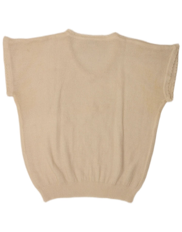 Vintage γυναικεία κοντομάνικη μπλούζα τοπ UK 20 2XL Λευκό φλοράλ πολυακρυλικό