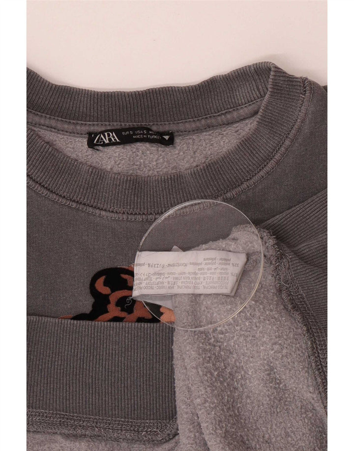 Zara Γυναικεία γραφική μπλούζα μεγάλου μεγέθους Jumper UK 10 Small Grey Cotton