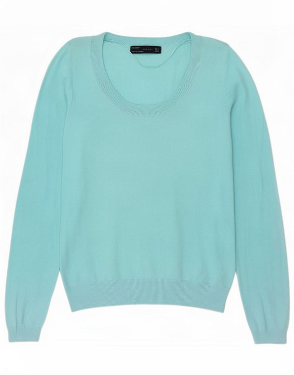 Zara Γυναικείο πουλόβερ με λαιμό σκάφος UK 16 Large Blue Cotton