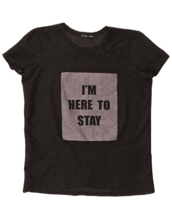 Zara Γυναικείο γραφικό T-Shirt Top UK 10 Small Black