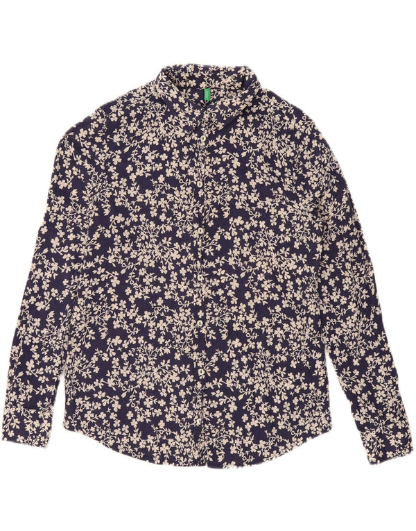 BENETTON Γυναικείο πουκάμισο Oversized UK 10 Small Navy Blue Floral Βαμβακερό