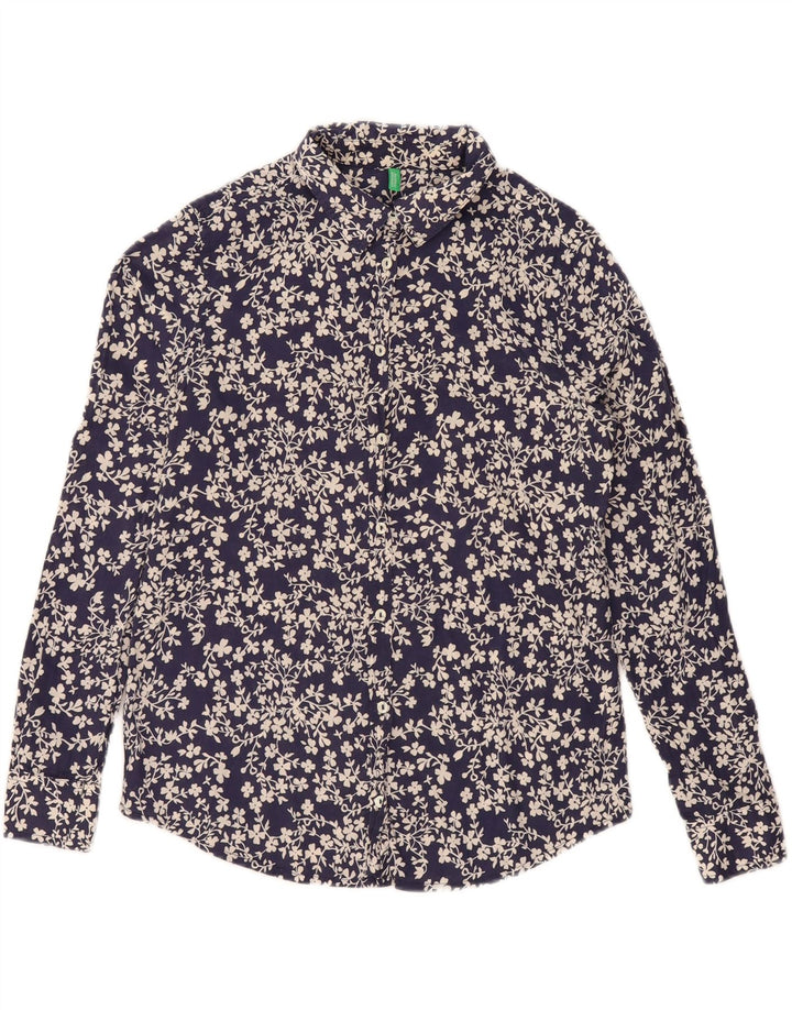 BENETTON Γυναικείο πουκάμισο Oversized UK 10 Small Navy Blue Floral Βαμβακερό