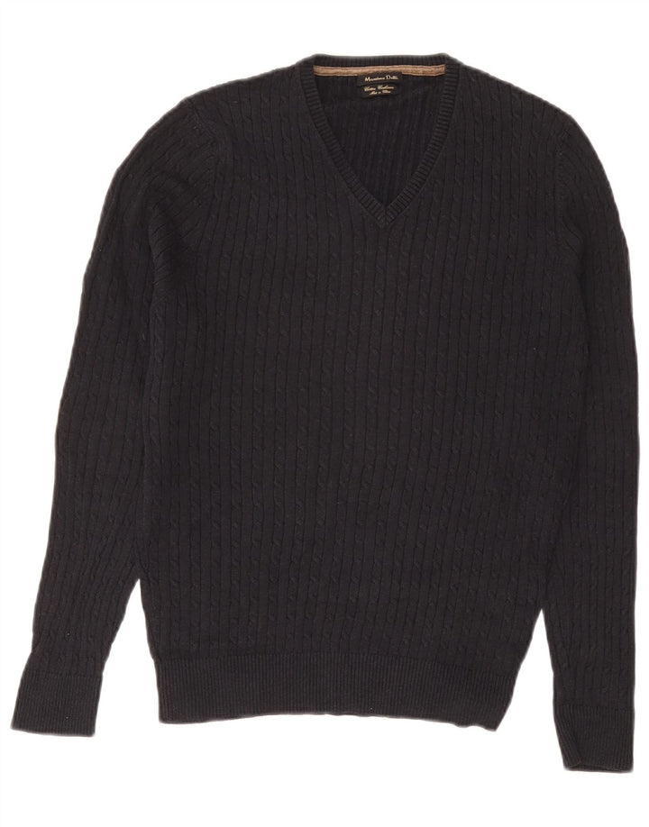Ανδρικό πουλόβερ Massimo Dutti με V λαιμόκοψη, Βαμβακερό μεσαίο ναυτικό