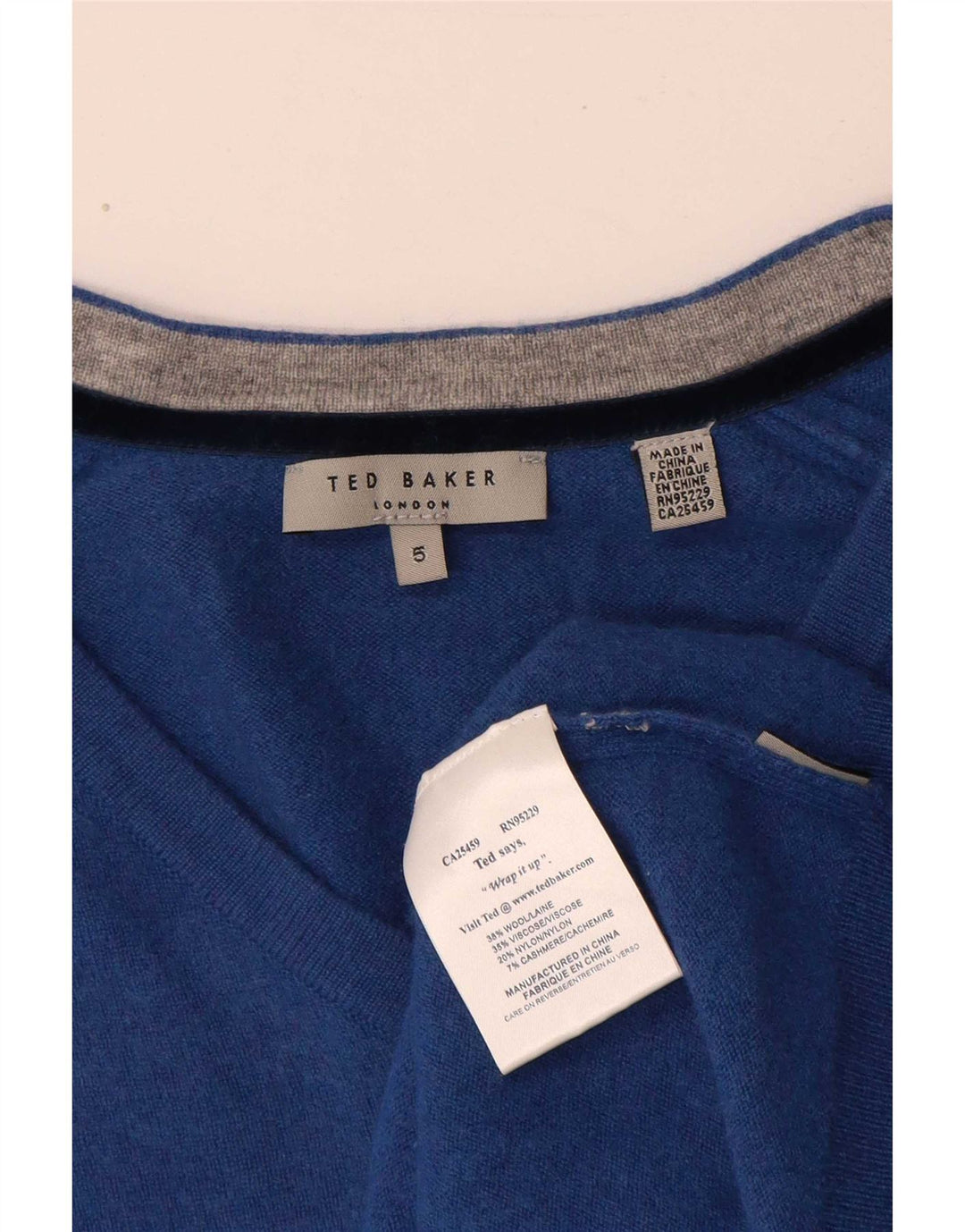 Ted Baker Γυναικείο πουλόβερ με λαιμόκοψη V, μέγεθος 5 XL μπλε μαλλί