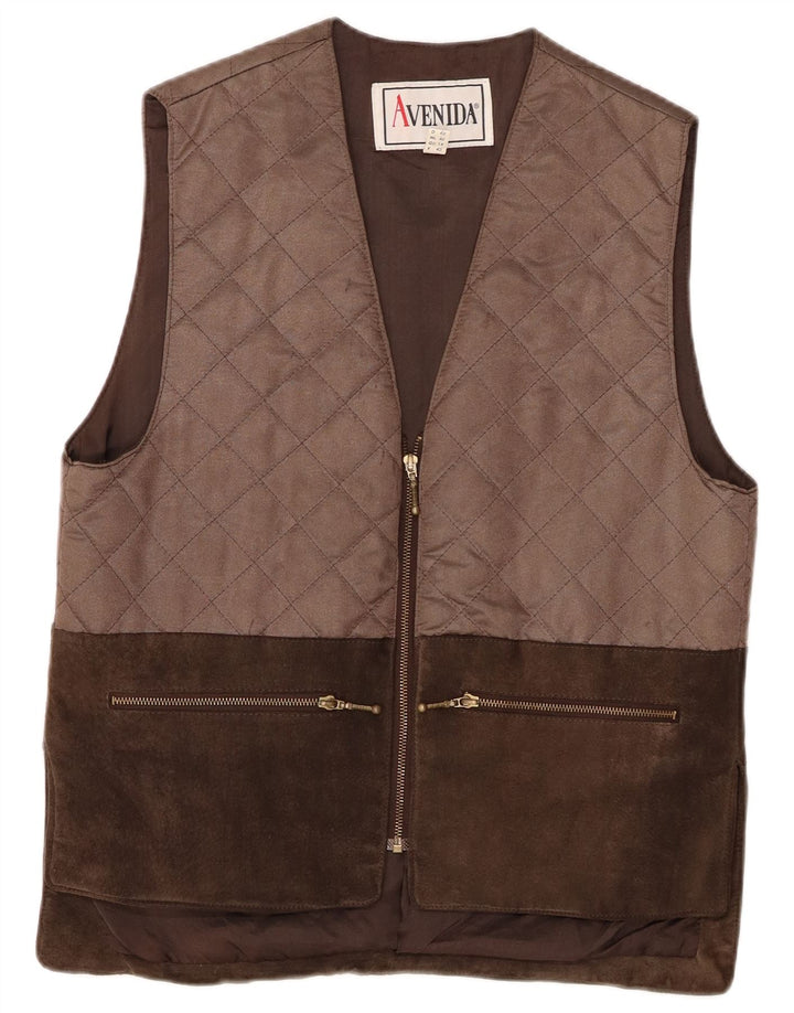 VINTAGE Γυναικείο καπιτονέ Gilet UK 14 Μεγάλο Καφέ Δέρμα