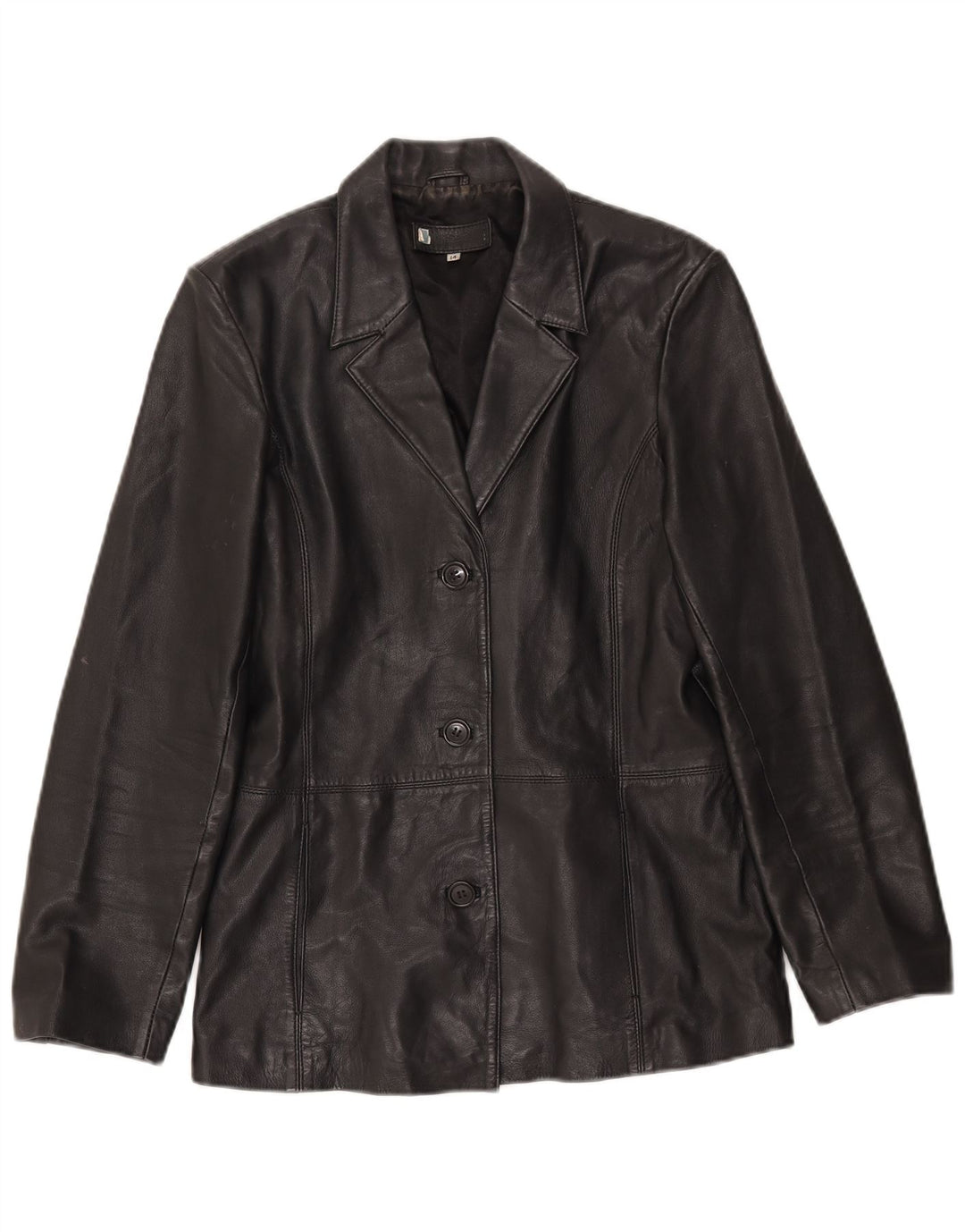 Vintage Γυναικείο Δερμάτινο Σακάκι Μπλέιζερ με 3 Κουμπιά UK 14 Μεγάλο Δερμάτινο Μαύρο