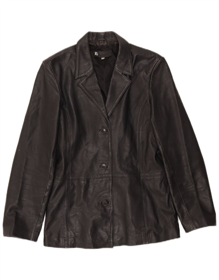 Vintage Γυναικείο Δερμάτινο Σακάκι Μπλέιζερ με 3 Κουμπιά UK 14 Μεγάλο Δερμάτινο Μαύρο