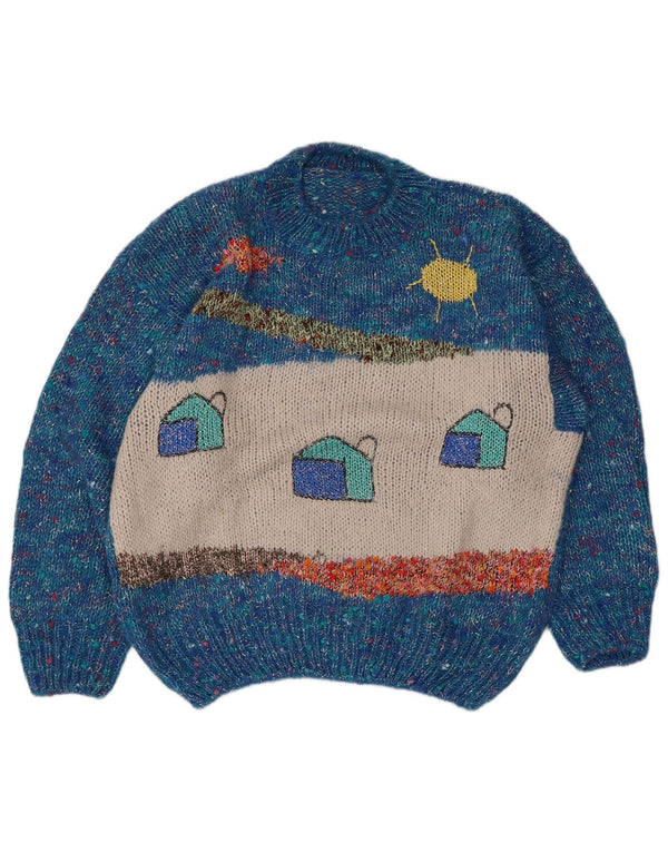 Vintage γυναικείο γραφικό πουλόβερ με λαιμόκοψη UK 16 Large Blue Flecked