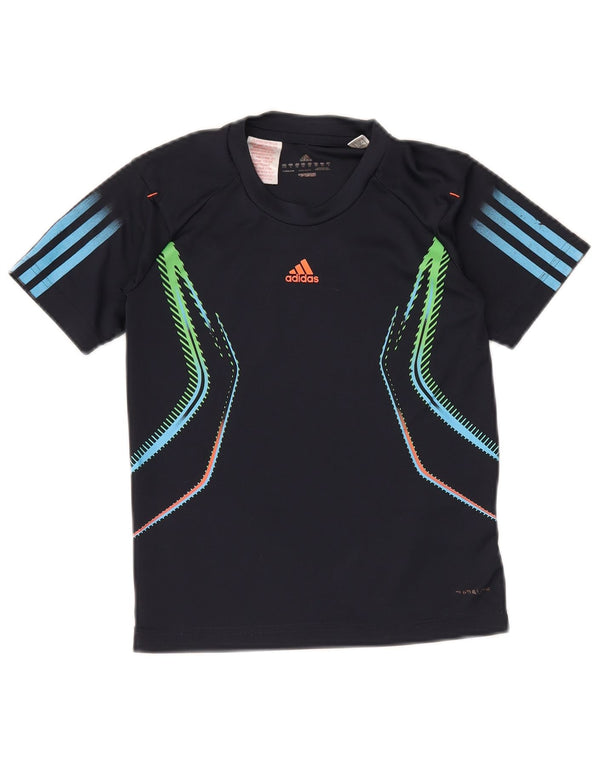 ADIDAS Boys T-shirt Top 9-10 Years Navy Blue Geometric Polyester