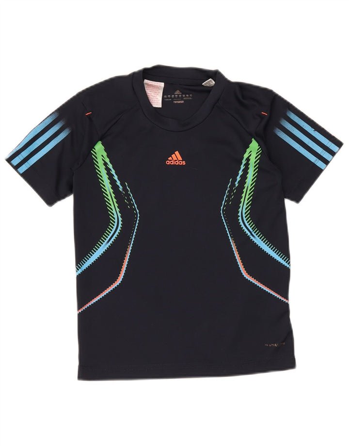 ADIDAS Boys T-shirt Top 9-10 Years Navy Blue Geometric Polyester