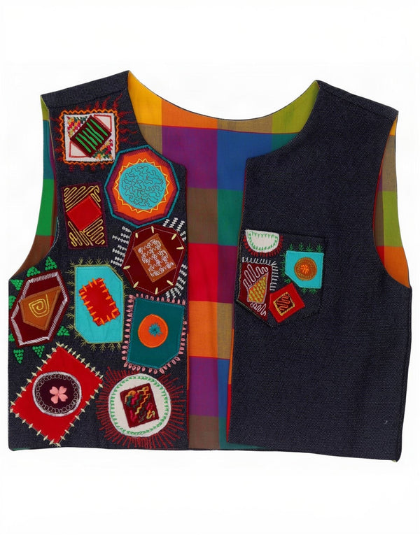 Vintage Womens Denim OPEN Waistcoat UK 10 Small Multicoloured Patchwork