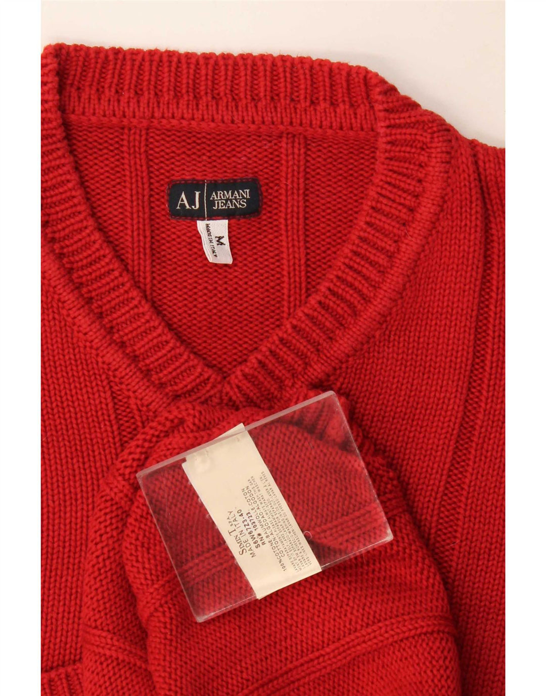 Armani Jeans Ανδρικό πουλόβερ με V λαιμόκοψη, μεσαίο κόκκινο βαμβακερό