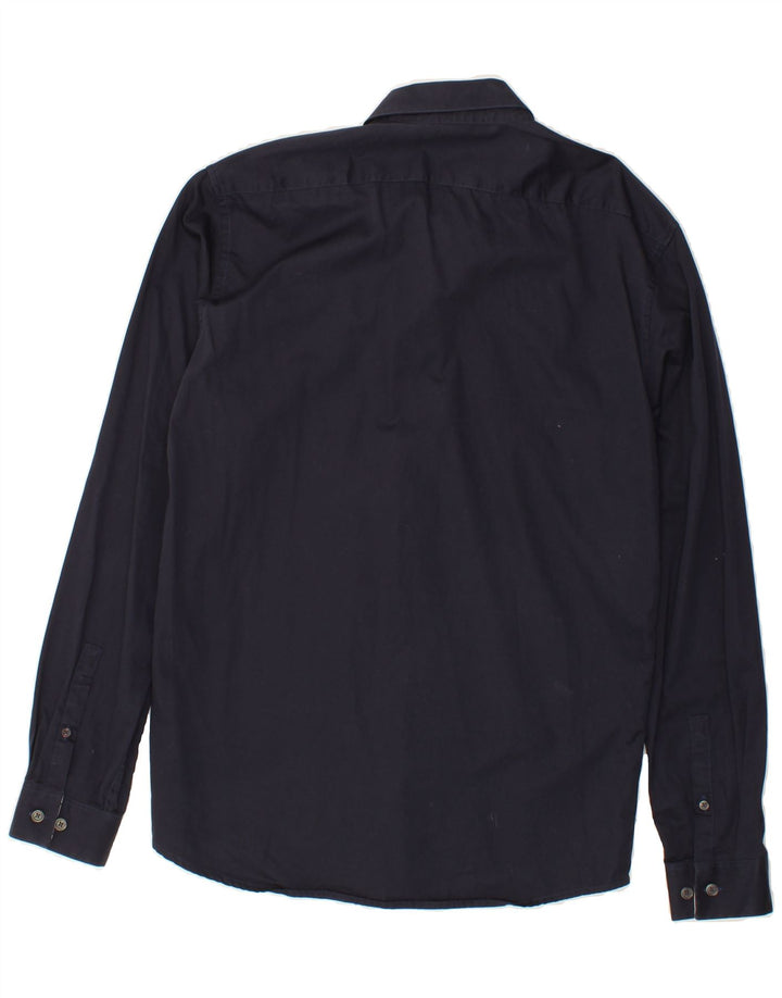 JULES Mens Fitted Shirt Large Navy Blue Cotton Vintage Jules and Second-Hand Jules from Messina Hembry 