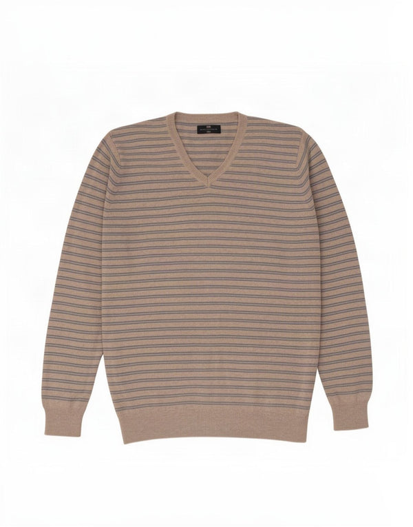 Ανδρικό πουλόβερ Marks & Spencer Blue Harbor με λαιμόκοψη με λαιμόκοψη σε μεγάλο μπεζ ριγέ