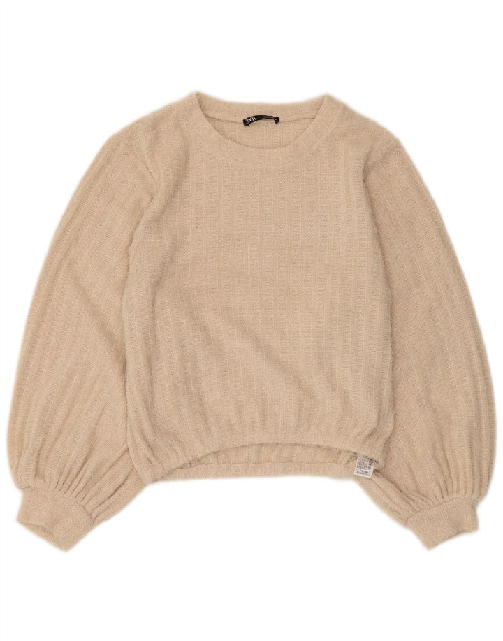 Zara Γυναικείο πουλόβερ με λαιμόκοψη UK 10 Small Beige ριγέ πολυεστέρα
