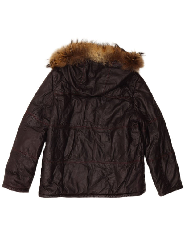 VINTAGE Γυναικείο Δερμάτινο Μπουφάν UK 16 Large Maroon με κουκούλα