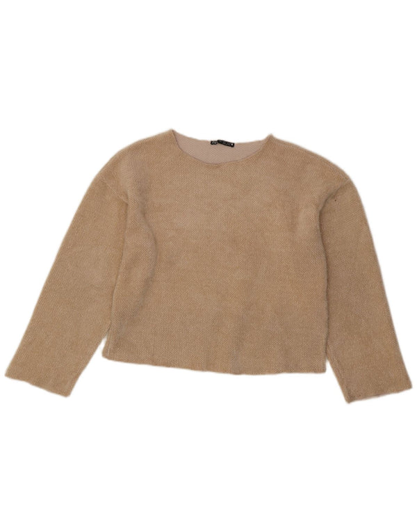Zara Γυναικείο Crop Top Μακρυμάνικο UK 10 Small Beige Polyester