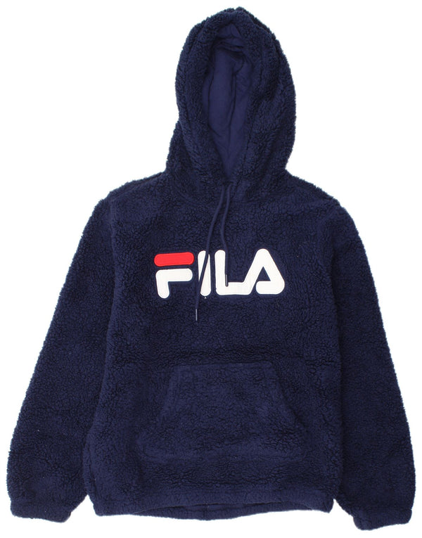 FILA Γυναικεία γραφικά Fleece Hoodie Jumper UK 14 Medium Navy Blue Polyester